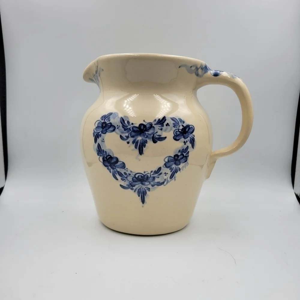 Vintage Ellis Prod Pottery Marshall TX Hand Painted & Signed Blue Heart Pitcher